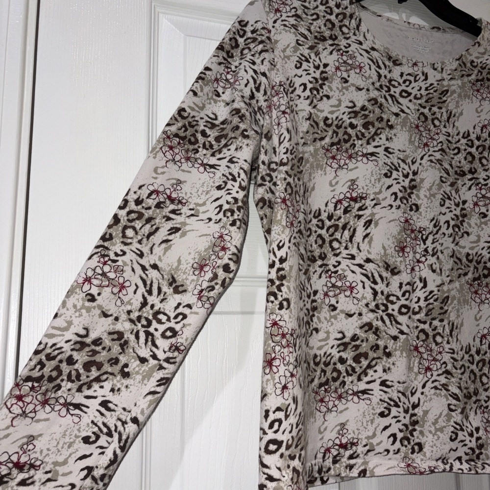 Kim Rogers Leopard Animal Print Floral Top Beige Brown 3/4 Sleeve Tee Size L - Picture 6 of 10